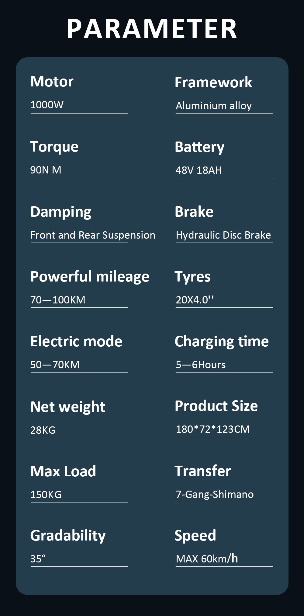 【Second Hand】GUNAI-Y Moped Electric Bike for Adults 20 Inch Off-Road Dirt Electric Mountain Bike with 48V18AH Lithium-Ion Battery, 7-Speed Full Suspension
