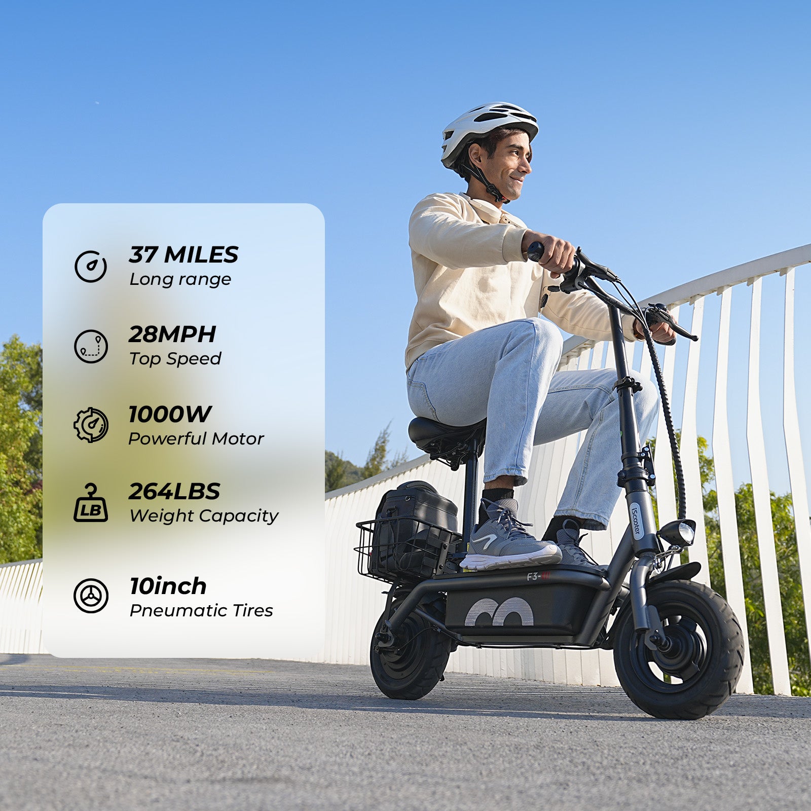 【Second Hand】iScooter F3 Electric Scooter with Seat,1000W 48V 13Ah  10 inch Commuting Scooter with Basket